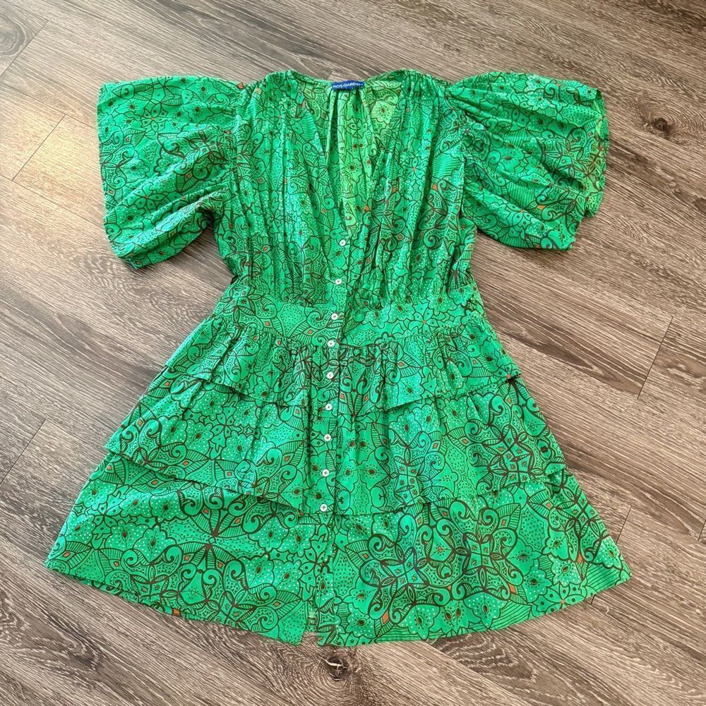 Green Puff-Sleeve Button-Front Dress - Unbranded